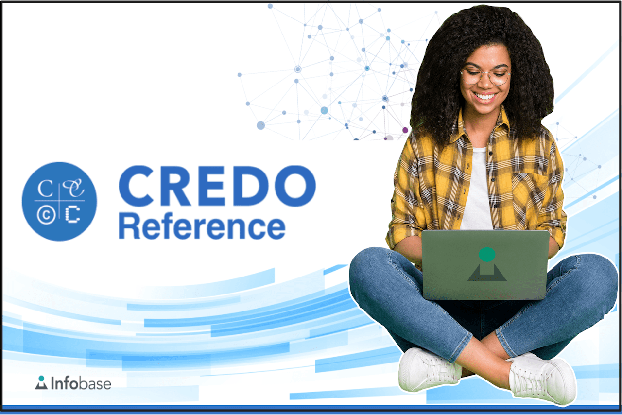 Woman sitting with laptop PC with wording Credo Reference